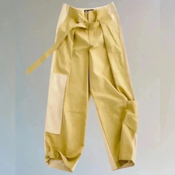 Zara Pants - ZARA TAPERED FIT POCKETED PANTS PATCHWORK FULL LENGTH OLIVE GREEN